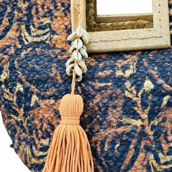 Natural Jute Woven Tote Peach Black 19”x14” Square Wood Handle Shell Tassel - Picture 9 of 16
